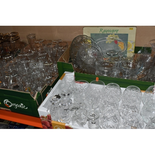 308 - FOUR BOXES OF MIXED GLASSWARE to include six Royal Doulton brandy glasses, three Royal Doulton port ... 