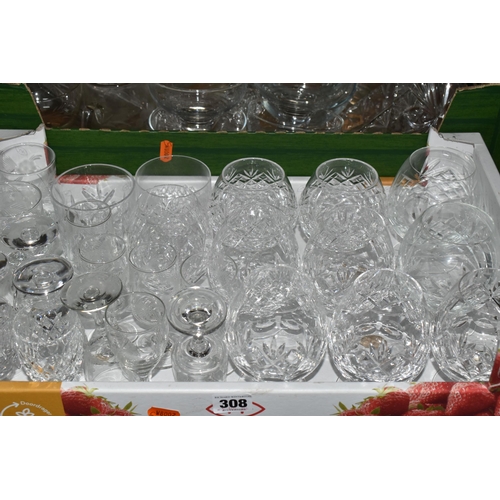 308 - FOUR BOXES OF MIXED GLASSWARE to include six Royal Doulton brandy glasses, three Royal Doulton port ... 