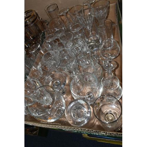 308 - FOUR BOXES OF MIXED GLASSWARE to include six Royal Doulton brandy glasses, three Royal Doulton port ... 