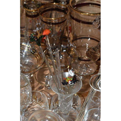 308 - FOUR BOXES OF MIXED GLASSWARE to include six Royal Doulton brandy glasses, three Royal Doulton port ... 