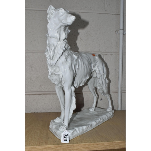 334 - A HEREND WHITE GLAZED PORCELAIN FIGURE OF A BORZOI HOUND, incised to the base Herend 5358, signed to... 