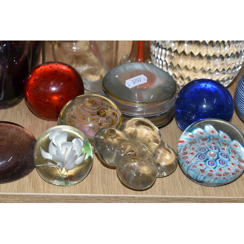 344 - A LARGE QUANTITY OF GLASS PAPERWEIGHTS AND GLASS ORNAMENTS, comprising a 1920's Uranium glass table ... 