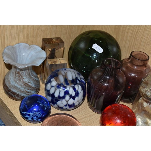 344 - A LARGE QUANTITY OF GLASS PAPERWEIGHTS AND GLASS ORNAMENTS, comprising a 1920's Uranium glass table ... 