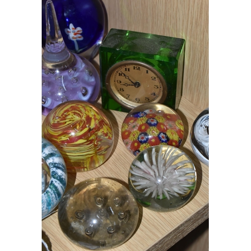 344 - A LARGE QUANTITY OF GLASS PAPERWEIGHTS AND GLASS ORNAMENTS, comprising a 1920's Uranium glass table ... 