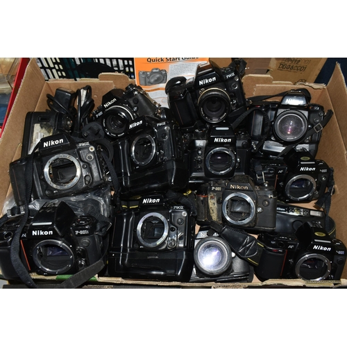 346 - A BOX OF NIKON CAMERAS to include an F4, four F90X, four F301, F501, F801S, two F801, N90S, and AF22... 