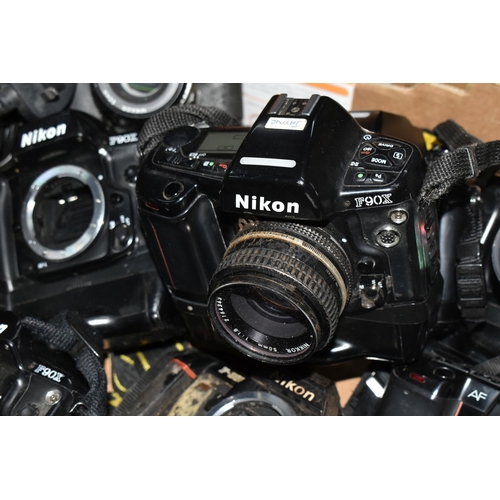 346 - A BOX OF NIKON CAMERAS to include an F4, four F90X, four F301, F501, F801S, two F801, N90S, and AF22... 