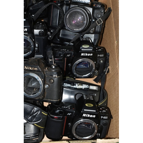 346 - A BOX OF NIKON CAMERAS to include an F4, four F90X, four F301, F501, F801S, two F801, N90S, and AF22... 