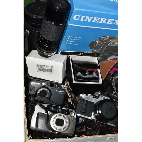 353 - A BOX OF CAMERAS AND ACCESSORIES to include a boxed Cinerex Auto Sound, Praktica LTL 3, a Canon AV-1... 