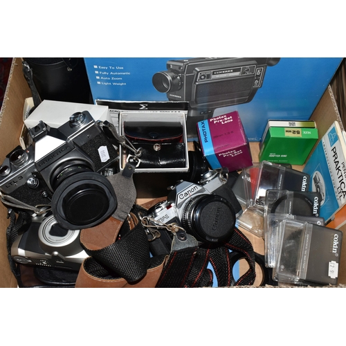 353 - A BOX OF CAMERAS AND ACCESSORIES to include a boxed Cinerex Auto Sound, Praktica LTL 3, a Canon AV-1... 