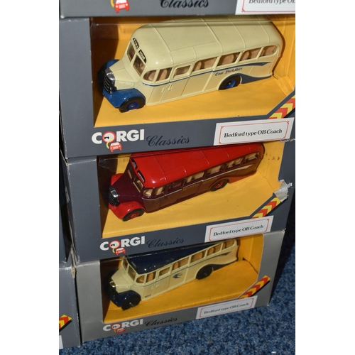 356 - A TRAY OF BOXED CORGI CLASSICS DIECAST BEDFORD TYPE OB COACH MODELS, to include C949/1, C949/5, C949... 