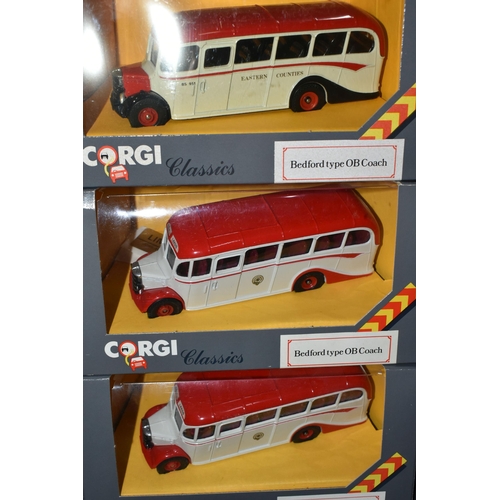 356 - A TRAY OF BOXED CORGI CLASSICS DIECAST BEDFORD TYPE OB COACH MODELS, to include C949/1, C949/5, C949... 