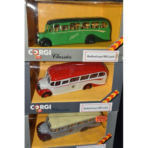 356 - A TRAY OF BOXED CORGI CLASSICS DIECAST BEDFORD TYPE OB COACH MODELS, to include C949/1, C949/5, C949... 