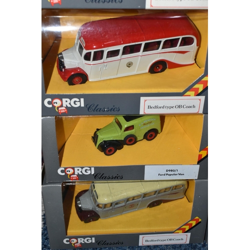 356 - A TRAY OF BOXED CORGI CLASSICS DIECAST BEDFORD TYPE OB COACH MODELS, to include C949/1, C949/5, C949... 