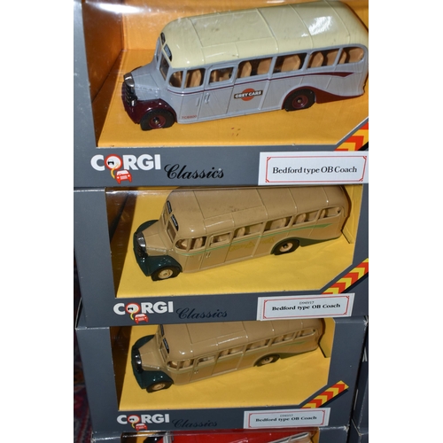 356 - A TRAY OF BOXED CORGI CLASSICS DIECAST BEDFORD TYPE OB COACH MODELS, to include C949/1, C949/5, C949... 