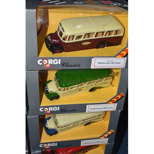 356 - A TRAY OF BOXED CORGI CLASSICS DIECAST BEDFORD TYPE OB COACH MODELS, to include C949/1, C949/5, C949... 