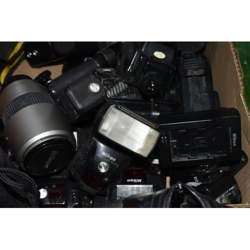 358 - THREE BOXES AND LOOSE OF CAMERA EQUIPMENT to include two boxes of assorted flash charges and mixed l... 