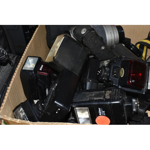 358 - THREE BOXES AND LOOSE OF CAMERA EQUIPMENT to include two boxes of assorted flash charges and mixed l... 