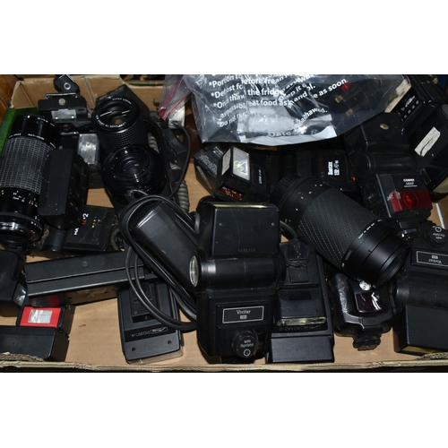 358 - THREE BOXES AND LOOSE OF CAMERA EQUIPMENT to include two boxes of assorted flash charges and mixed l... 