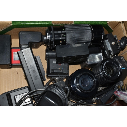 358 - THREE BOXES AND LOOSE OF CAMERA EQUIPMENT to include two boxes of assorted flash charges and mixed l... 