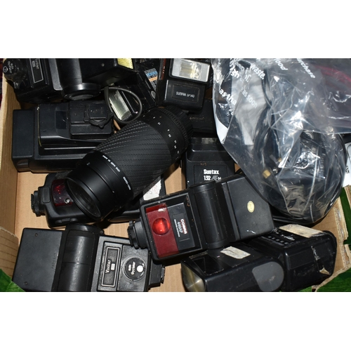 358 - THREE BOXES AND LOOSE OF CAMERA EQUIPMENT to include two boxes of assorted flash charges and mixed l... 