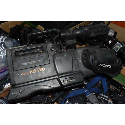 358 - THREE BOXES AND LOOSE OF CAMERA EQUIPMENT to include two boxes of assorted flash charges and mixed l... 