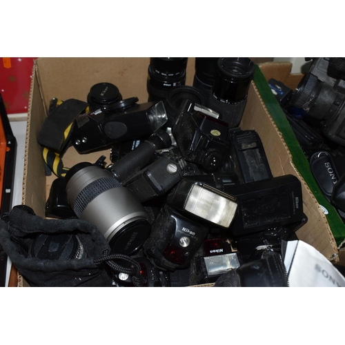 358 - THREE BOXES AND LOOSE OF CAMERA EQUIPMENT to include two boxes of assorted flash charges and mixed l... 