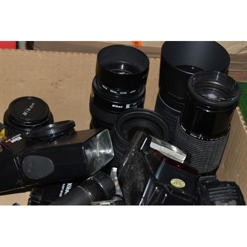 358 - THREE BOXES AND LOOSE OF CAMERA EQUIPMENT to include two boxes of assorted flash charges and mixed l... 