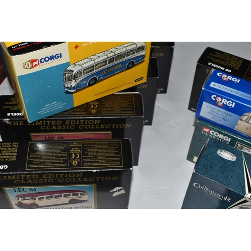 360 - FOURTEEN BOXED DIE CAST LIMITED EDITION MODEL BUSES AND COACHES, to include a Corgi Burlingham Seagu... 