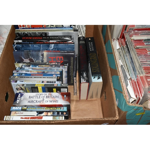 365 - FIVE BOXES OF BOOKS, MAGAZINES & DVDS containing sixty miscellaneous book titles to include ten volu... 