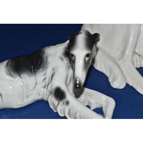 375 - TWO GERMAN PORCELAIN MODELS OF RECUMBANT BORZOI, one has a green Unterweissbach porcelain backstamp,... 