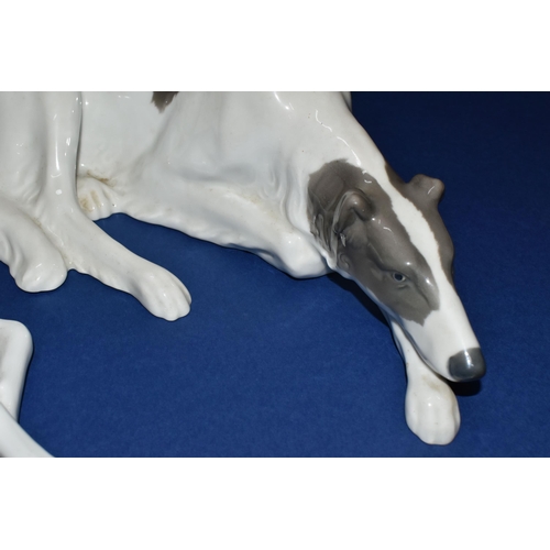 375 - TWO GERMAN PORCELAIN MODELS OF RECUMBANT BORZOI, one has a green Unterweissbach porcelain backstamp,... 