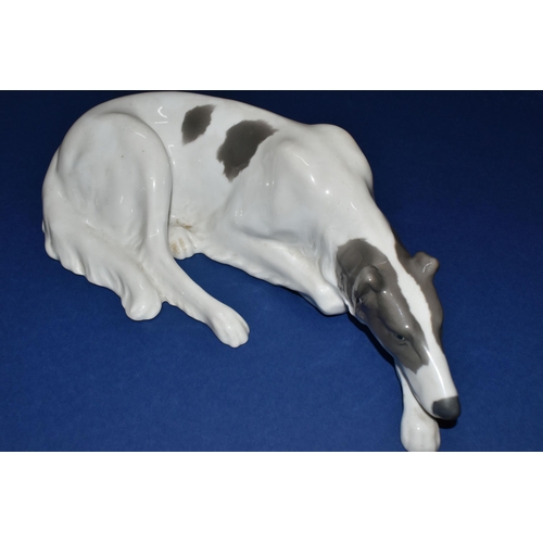 375 - TWO GERMAN PORCELAIN MODELS OF RECUMBANT BORZOI, one has a green Unterweissbach porcelain backstamp,... 