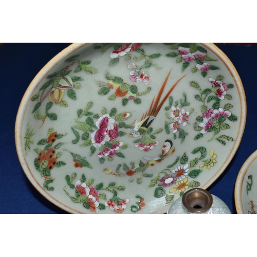 376 - A PAIR OF CHINESE FAMILLE ROSE EXPORT PORCELAIN PLATES AND A SMALL CLOISONNE STYLE VASE, the ninetee... 