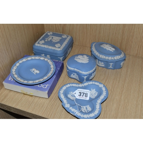 378 - FIVE PIECES OF WEDGWOOD PALE BLUE JASPERWARE, comprising a boxed Leo pin dish, a club shaped pin dis... 