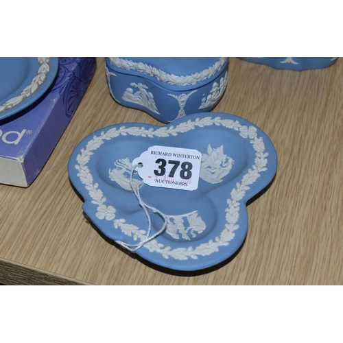 378 - FIVE PIECES OF WEDGWOOD PALE BLUE JASPERWARE, comprising a boxed Leo pin dish, a club shaped pin dis... 