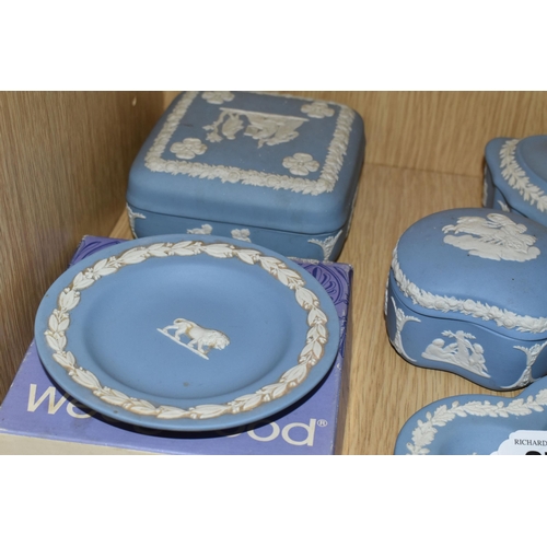 378 - FIVE PIECES OF WEDGWOOD PALE BLUE JASPERWARE, comprising a boxed Leo pin dish, a club shaped pin dis... 