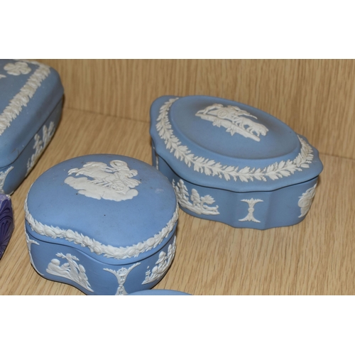 378 - FIVE PIECES OF WEDGWOOD PALE BLUE JASPERWARE, comprising a boxed Leo pin dish, a club shaped pin dis... 