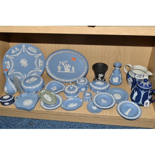 381 - A QUANTITY OF WEDGWOOD BLUE JASPERWARE, comprising an oval plaque, cabinet plate, eight trinket dish... 