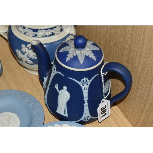 381 - A QUANTITY OF WEDGWOOD BLUE JASPERWARE, comprising an oval plaque, cabinet plate, eight trinket dish... 