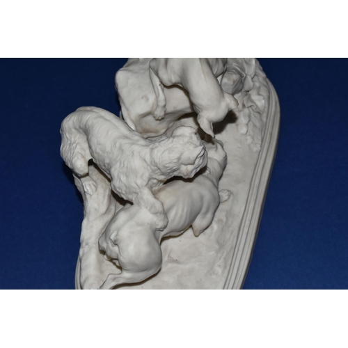 383 - A NINETEENTH CENTURY COPELAND PARIAN PORCELAIN DOG GROUP, a Parian group 'La Chasse au Lapin' after ... 