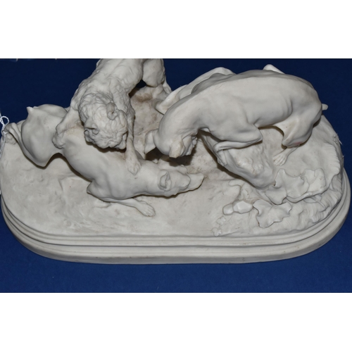 383 - A NINETEENTH CENTURY COPELAND PARIAN PORCELAIN DOG GROUP, a Parian group 'La Chasse au Lapin' after ... 