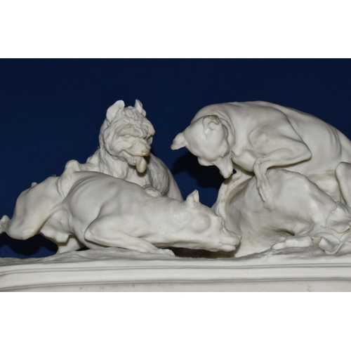 383 - A NINETEENTH CENTURY COPELAND PARIAN PORCELAIN DOG GROUP, a Parian group 'La Chasse au Lapin' after ... 