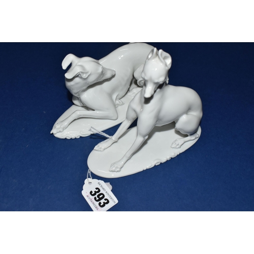 393 - TWO ROSENTHAL DOGS, DESIGNED BY THOMAS KARNER, c1910, green backstamp, seated dog has impressed T.Ka... 