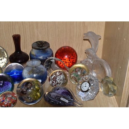 396 - A LARGE QUANTITY OF GLASS PAPERWEIGHTS, comprising a pink Caithness Glass bud vase and perfume atomi... 