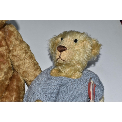 397 - THREE 'HODGE PODGE' TEDDY BEARS, comprising a teddy wearing an oversized grey jumper, vintage red, w... 