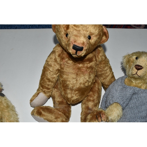 397 - THREE 'HODGE PODGE' TEDDY BEARS, comprising a teddy wearing an oversized grey jumper, vintage red, w... 