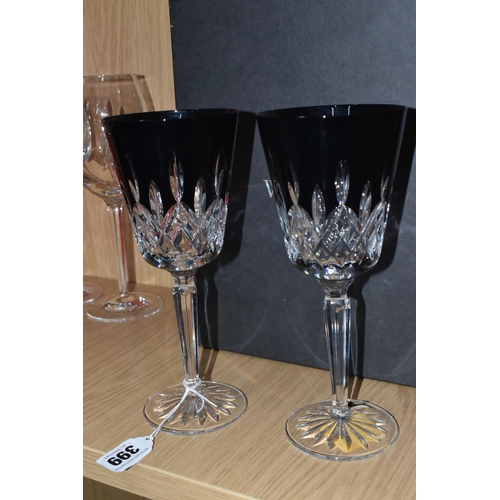 399 - A GROUP OF WATERFORD CRYSTAL GLASSES, comprising a boxed pair of Lismore Black pattern goblets, heig... 