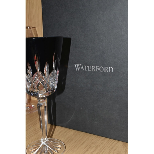 399 - A GROUP OF WATERFORD CRYSTAL GLASSES, comprising a boxed pair of Lismore Black pattern goblets, heig... 