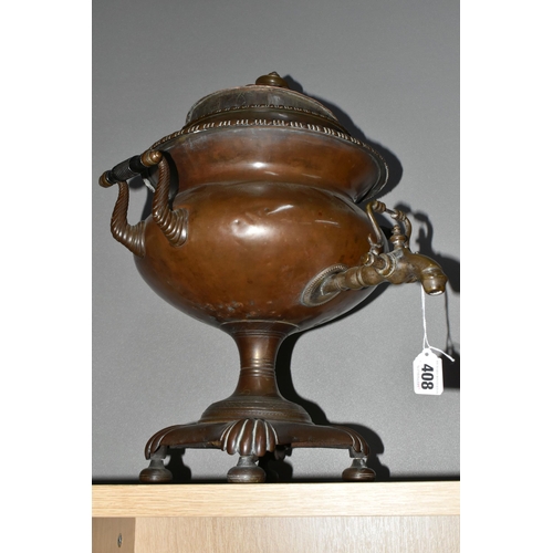 408 - A NINETEENTH CENTURY COPPER SAMOVAR, with cover, two scrolling handles with wooden insulators, metal... 