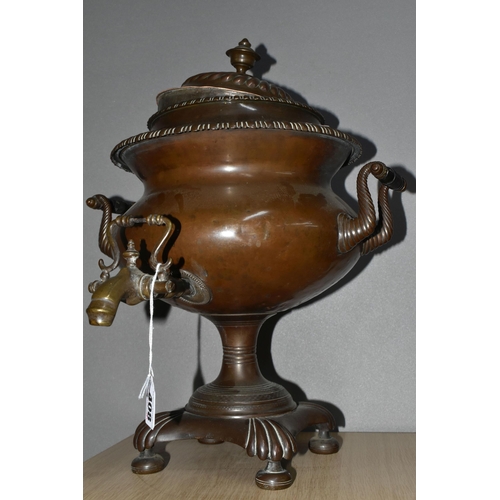 408 - A NINETEENTH CENTURY COPPER SAMOVAR, with cover, two scrolling handles with wooden insulators, metal... 